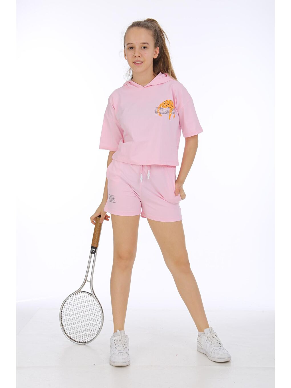 Pembe Kız Çocuk Kapüşonlu Baskılı Şortlu Takım 10-15 Yaş 13940-1