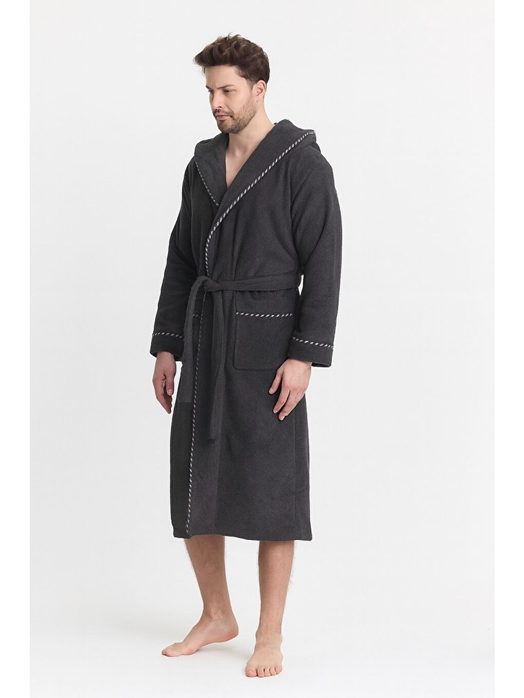 Antrasit Triga Erkek Bornoz %100 Pamuk Kapüşonlu