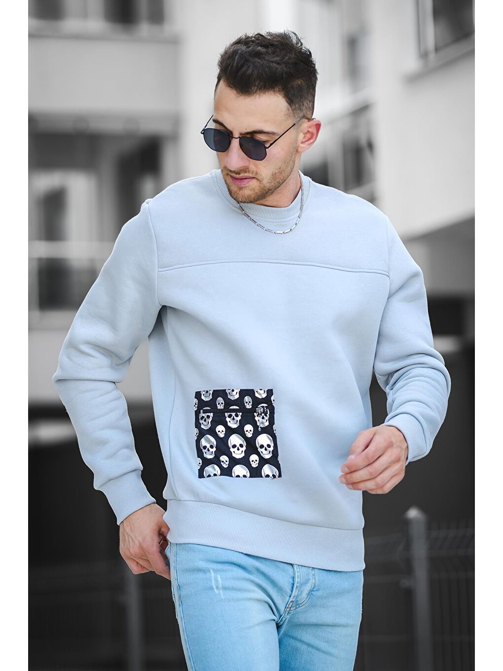 Gri 2173 Üç İplik Şardonlu Kuru Kafa Baskılı Cep Detaylı Erkek Sweatshirt