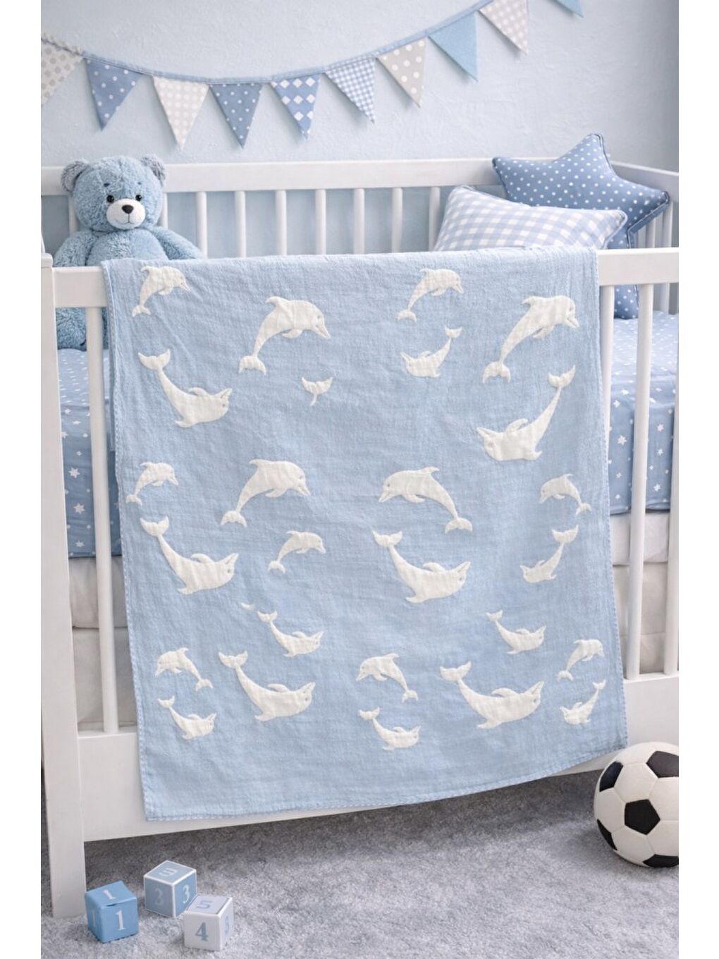 Mavi Çift Taraflı Müslin Bebek Battaniyesi Yunus Desenli Yumuşak Nefes Alan Battaniye 100x130-1