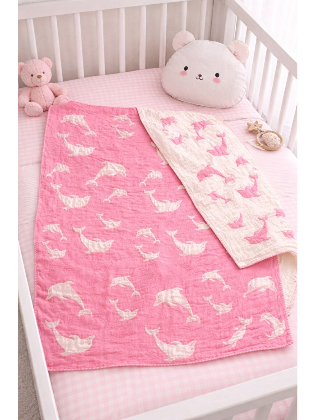 Pembe Çift Taraflı Müslin Bebek Battaniyesi Yunus Desenli Yumuşak Nefes Alan Battaniye 100x130