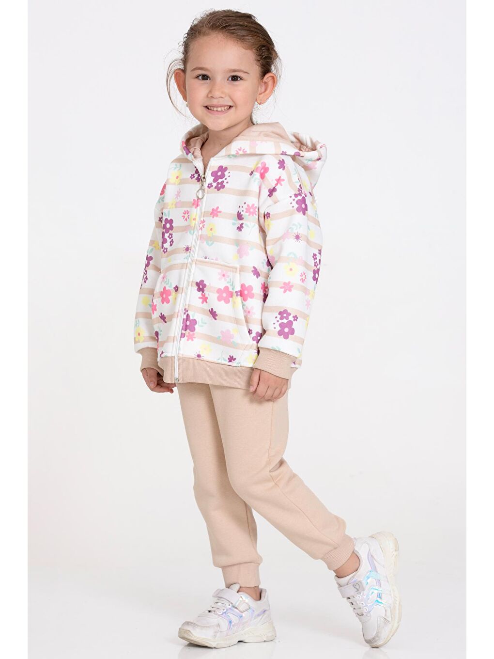 Kız Çocuk Bej Çiçek Desenli 1-5 Yaş Takım - 23246-1