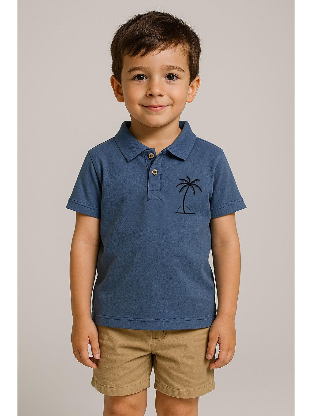 Lacivert Erkek Çocuk Palmiye Nakışlı Polo Yaka Tişört (3-4 Yaş 8-9 Yaş)