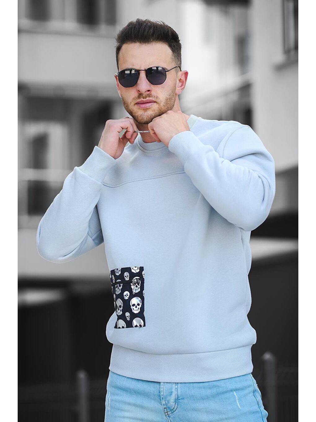 Gri 2173 Üç İplik Şardonlu Kuru Kafa Baskılı Cep Detaylı Erkek Sweatshirt-1