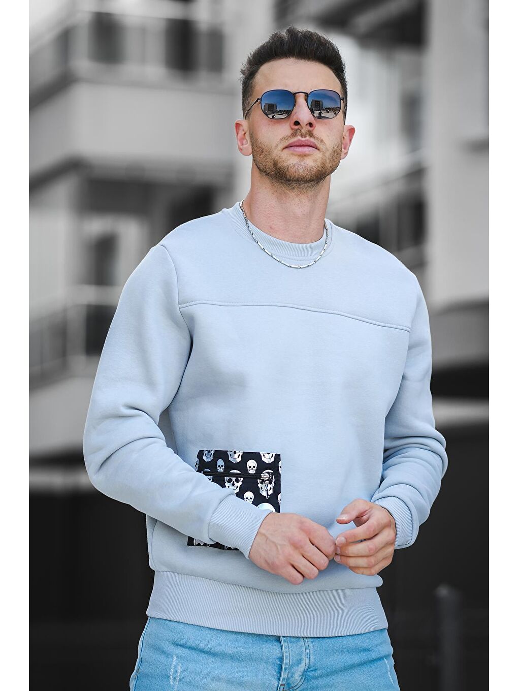 Gri 2173 Üç İplik Şardonlu Kuru Kafa Baskılı Cep Detaylı Erkek Sweatshirt-2