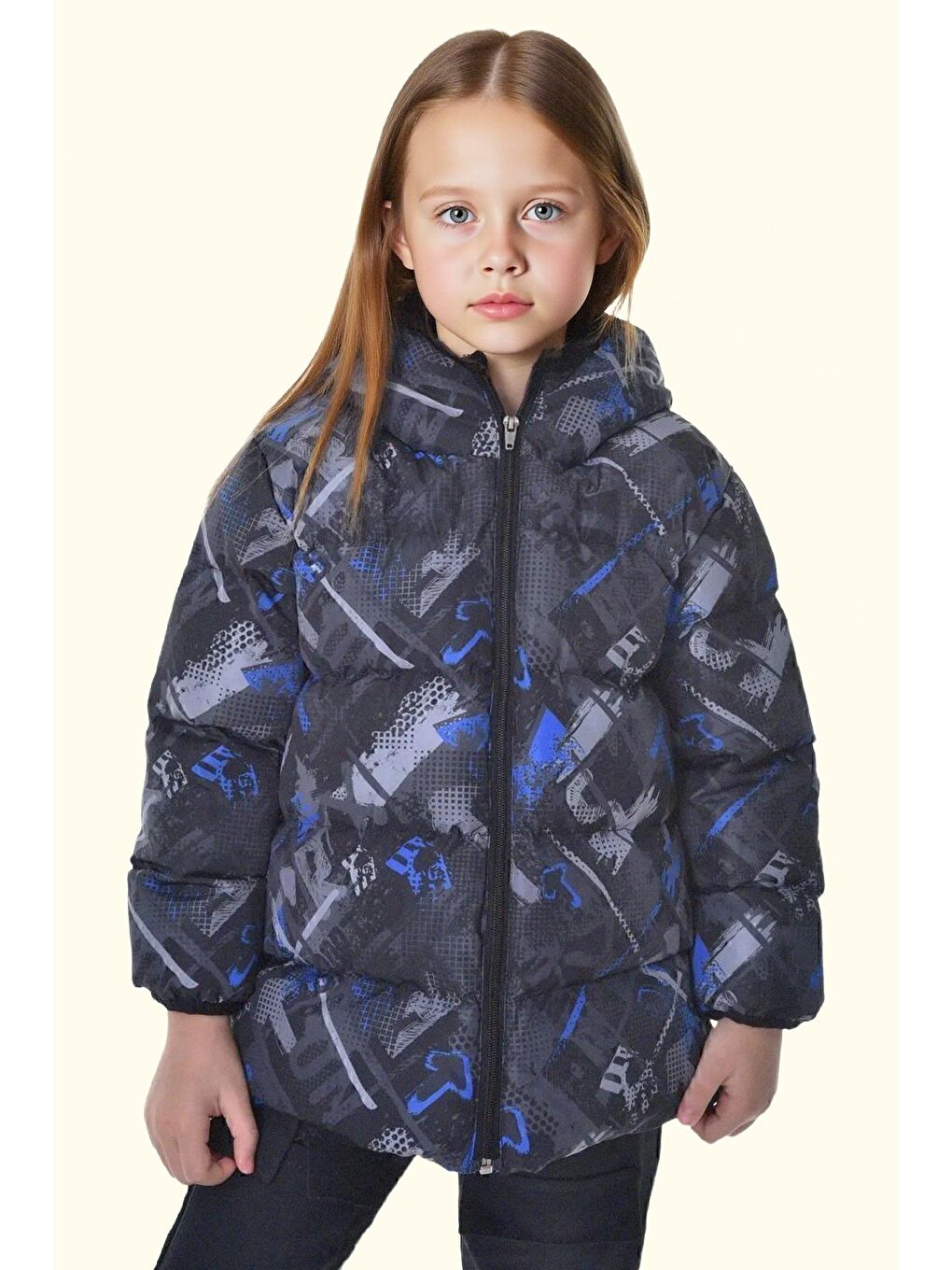 Siyah Kız Çocuk Dijital Desen Polar Su Ve Rüzgar Geçirmez Kapüşonlu Şişme Kışlık Mont