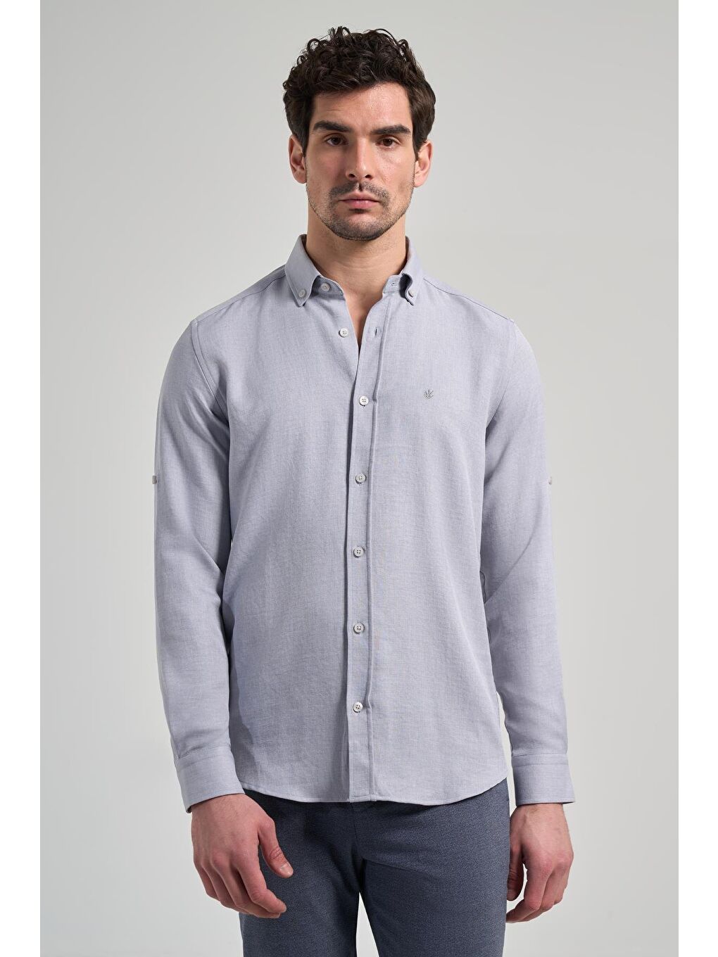 Gri Kısalabilir Kol Düz Gabardin Düğmeli Yaka Cepsiz Casual Slim Fit Gömlek 1004250124_100