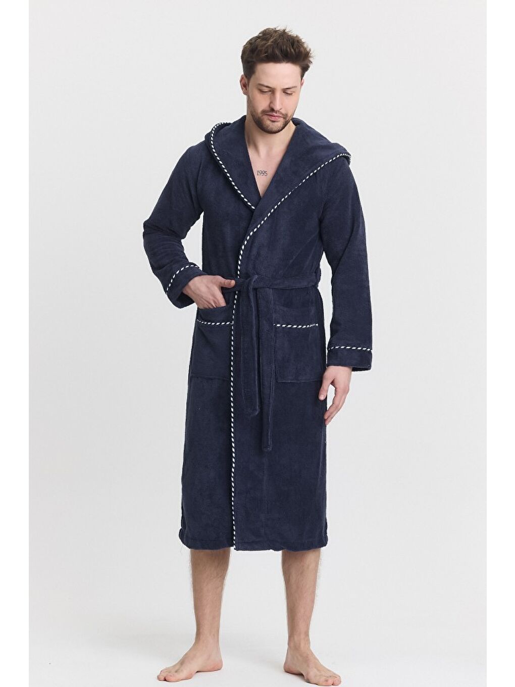 Lacivert Triga Erkek Bornoz %100 Pamuk Kapüşonlu