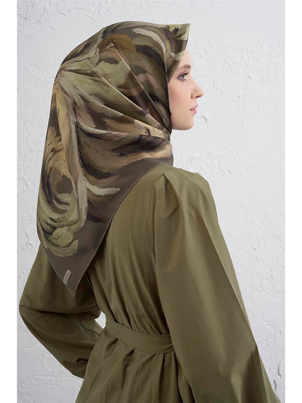 Haki Soyut Desenli Saf İpek Twill Eşarp 9423D 86-2