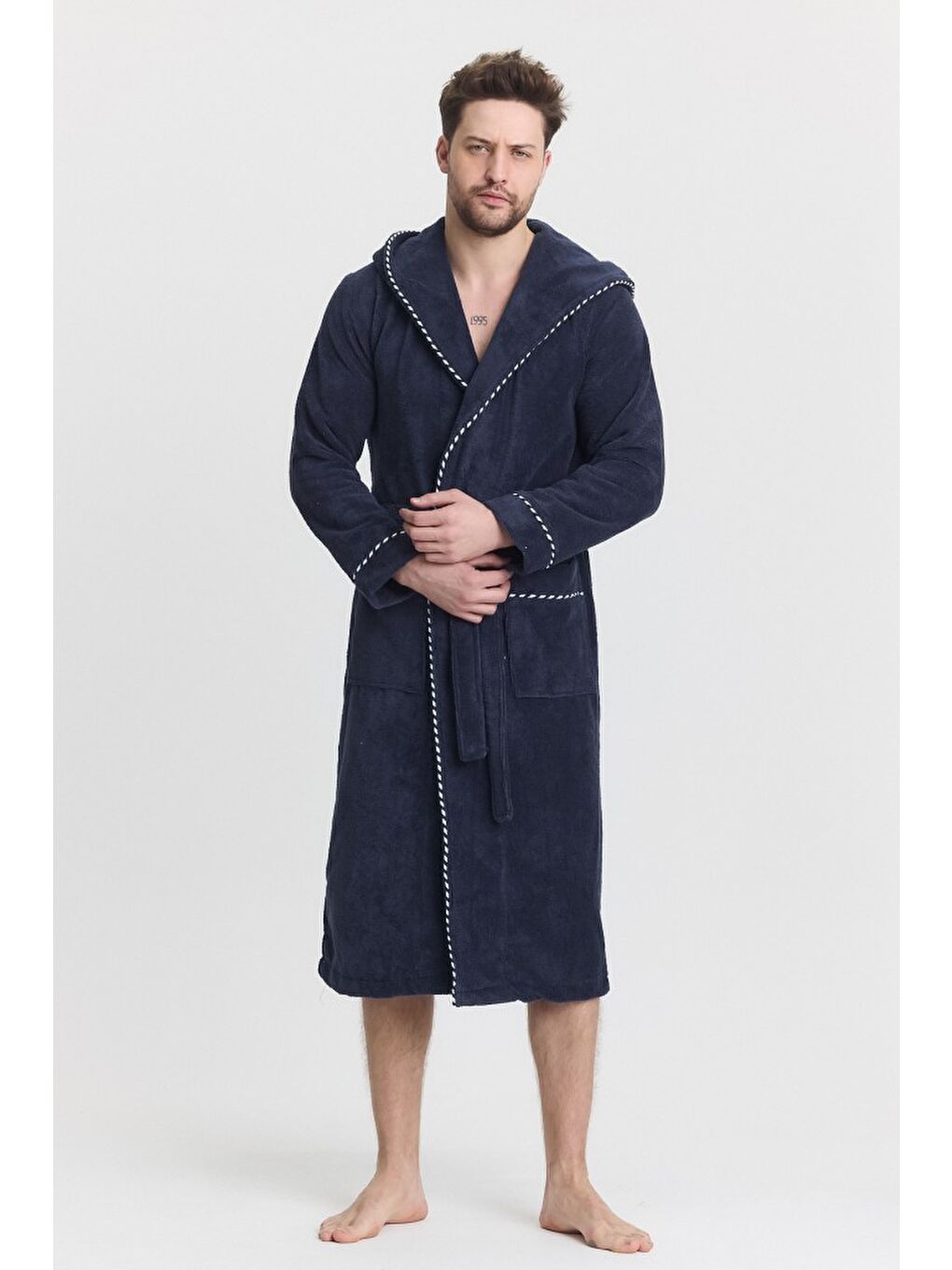 Lacivert Triga Erkek Bornoz %100 Pamuk Kapüşonlu-2