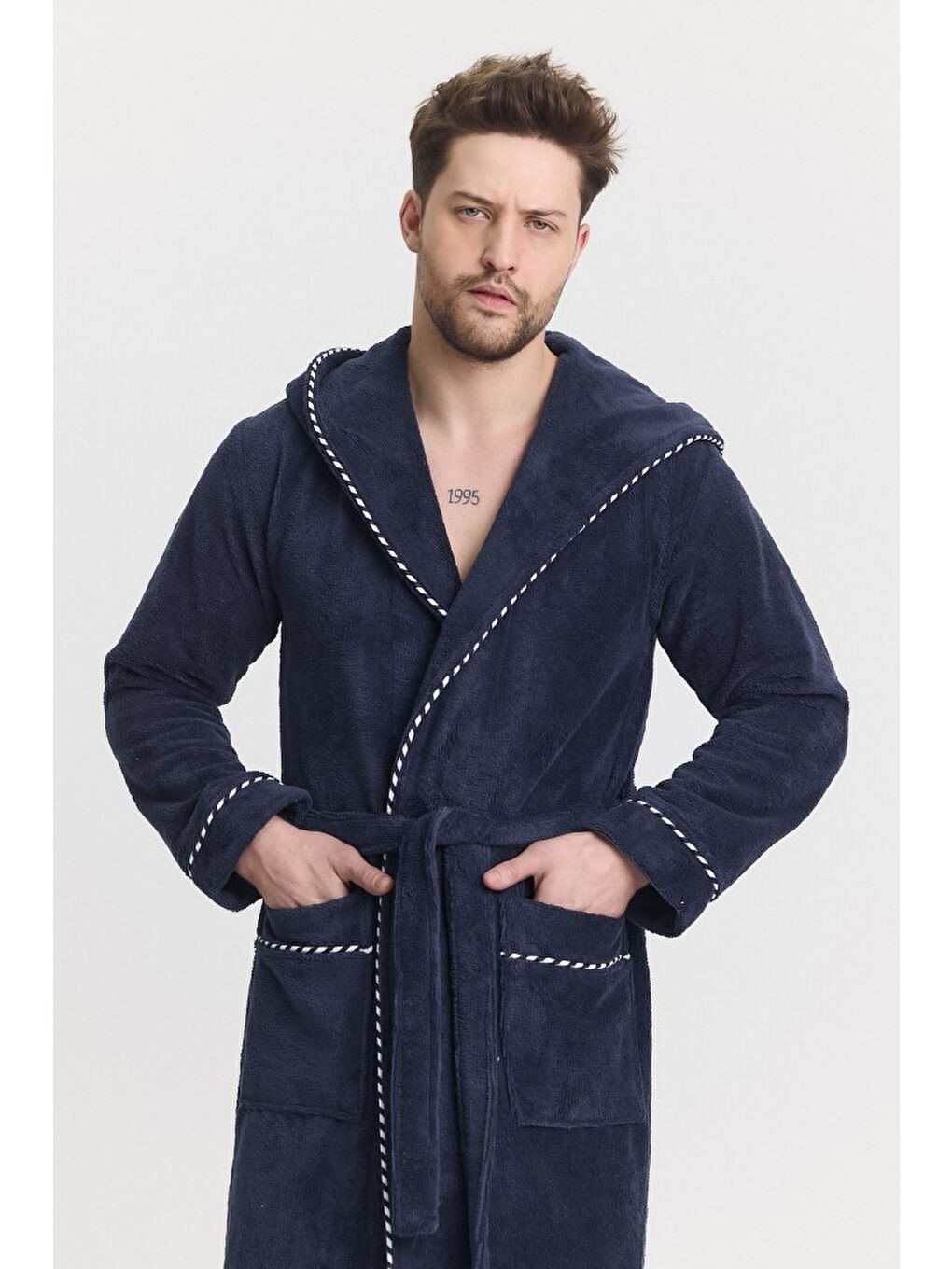 Lacivert Triga Erkek Bornoz %100 Pamuk Kapüşonlu-3