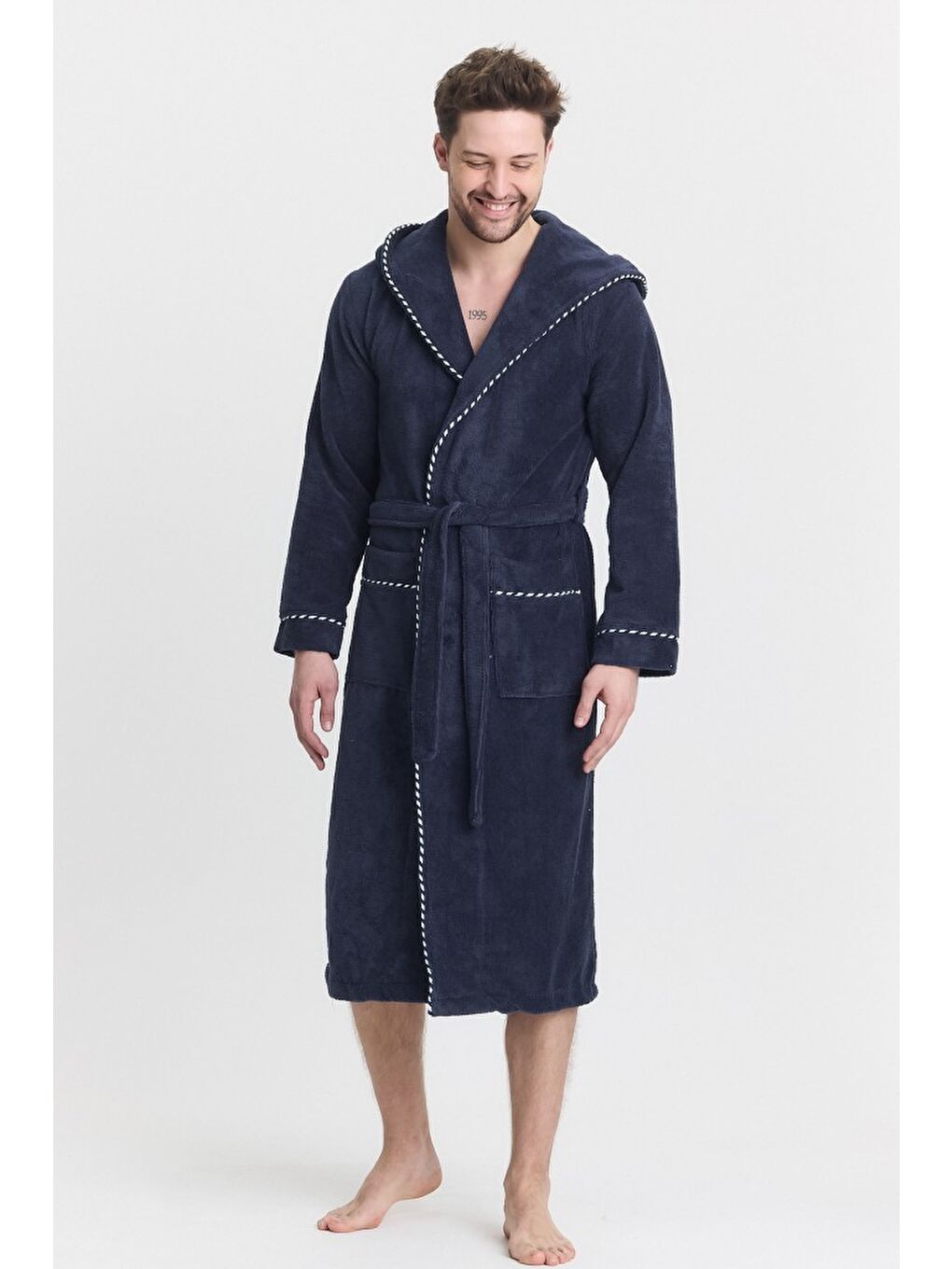 Lacivert Triga Erkek Bornoz %100 Pamuk Kapüşonlu-4