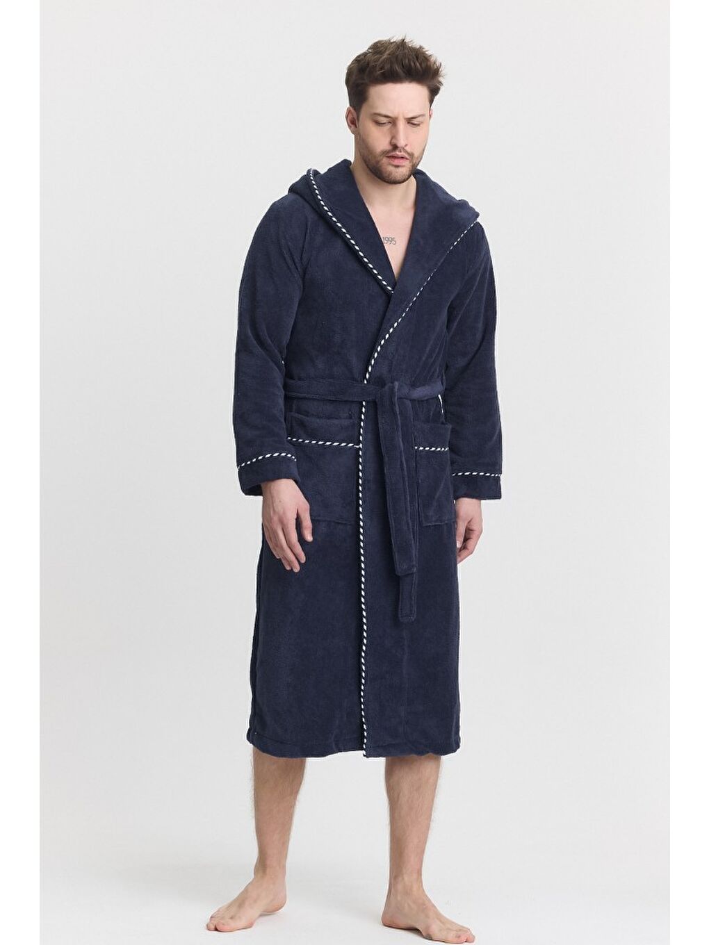 Lacivert Triga Erkek Bornoz %100 Pamuk Kapüşonlu-5