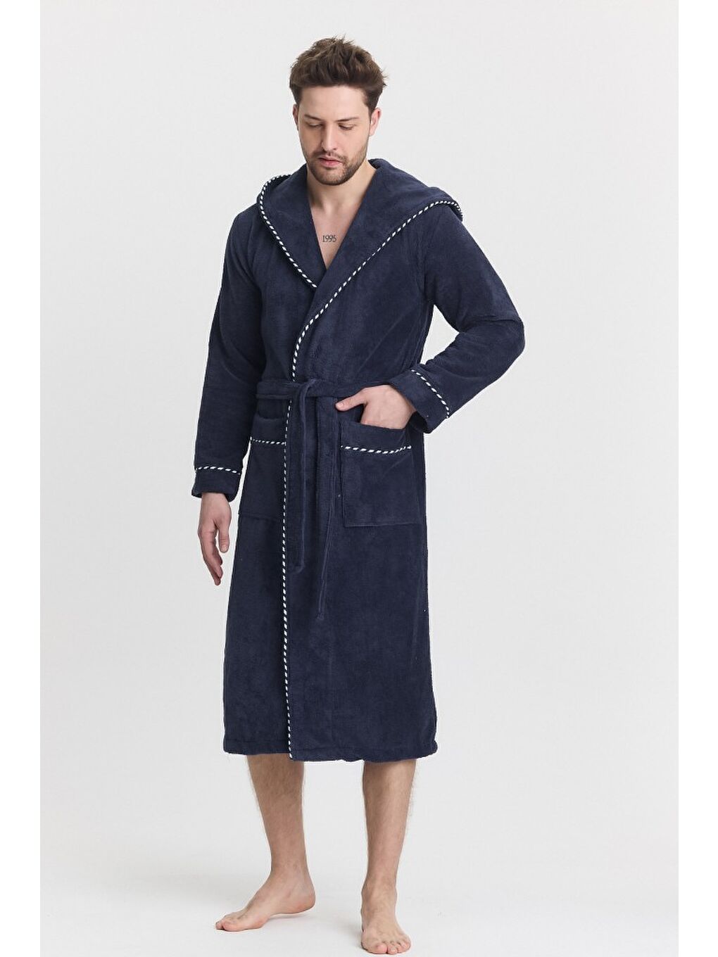 Lacivert Triga Erkek Bornoz %100 Pamuk Kapüşonlu-6