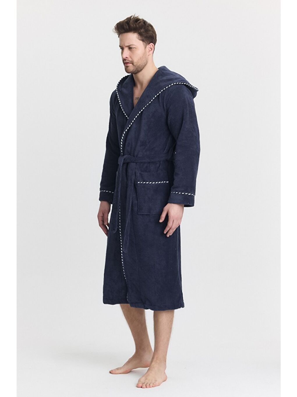 Lacivert Triga Erkek Bornoz %100 Pamuk Kapüşonlu-7