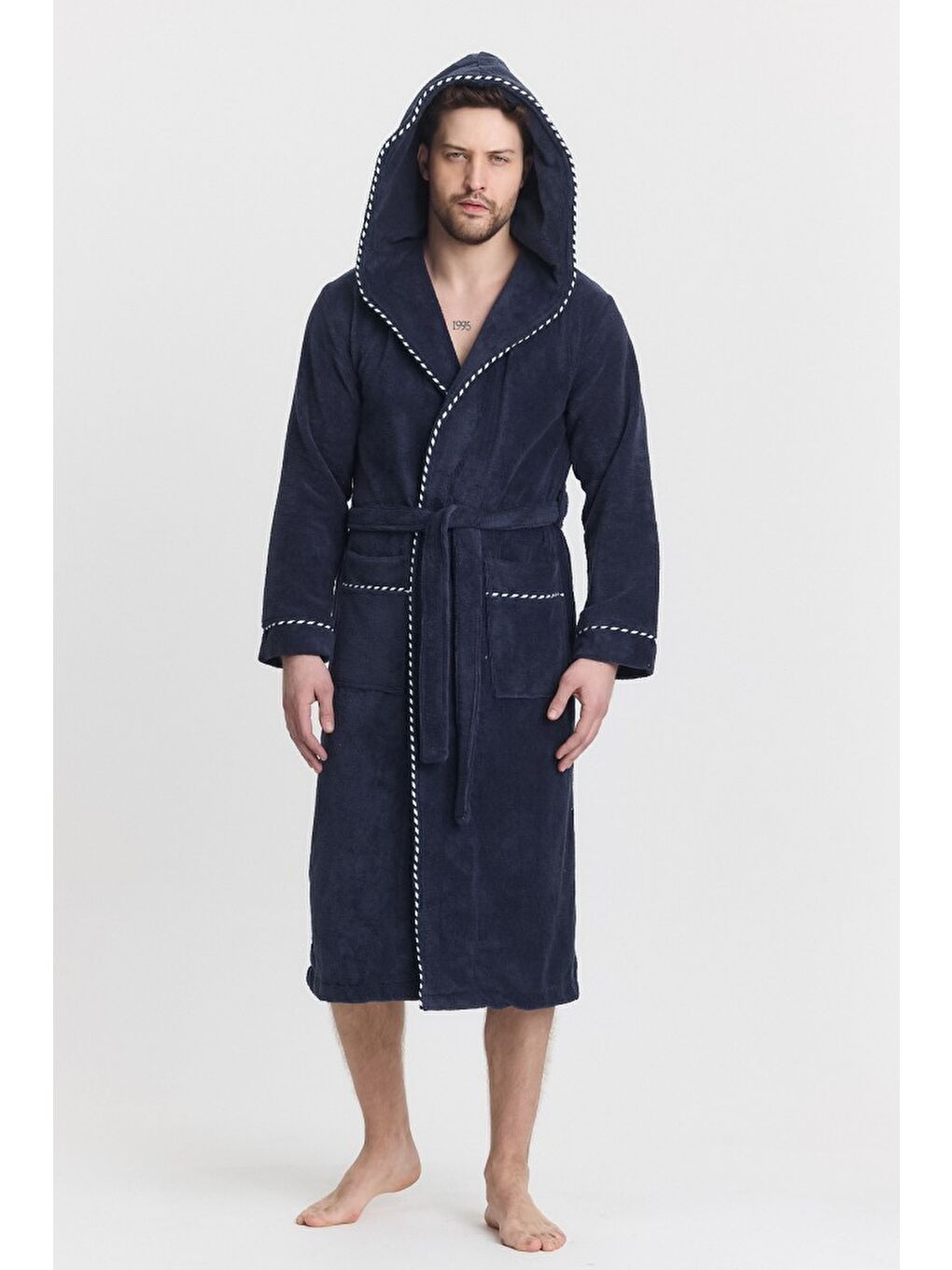 Lacivert Triga Erkek Bornoz %100 Pamuk Kapüşonlu-8