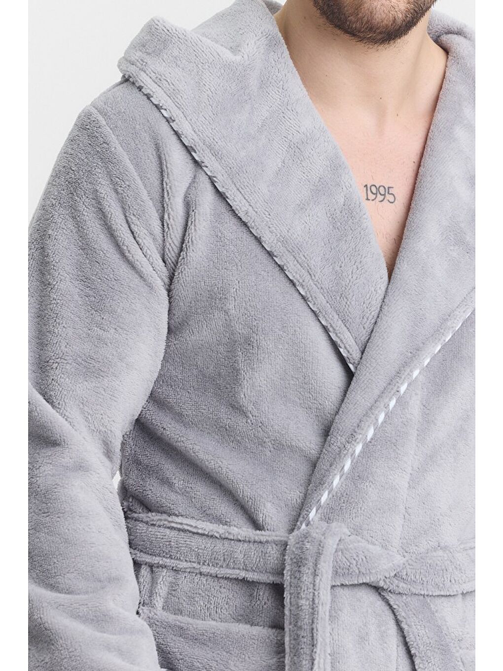 Gri Triga Erkek Bornoz %100 Pamuk Kapüşonlu-1