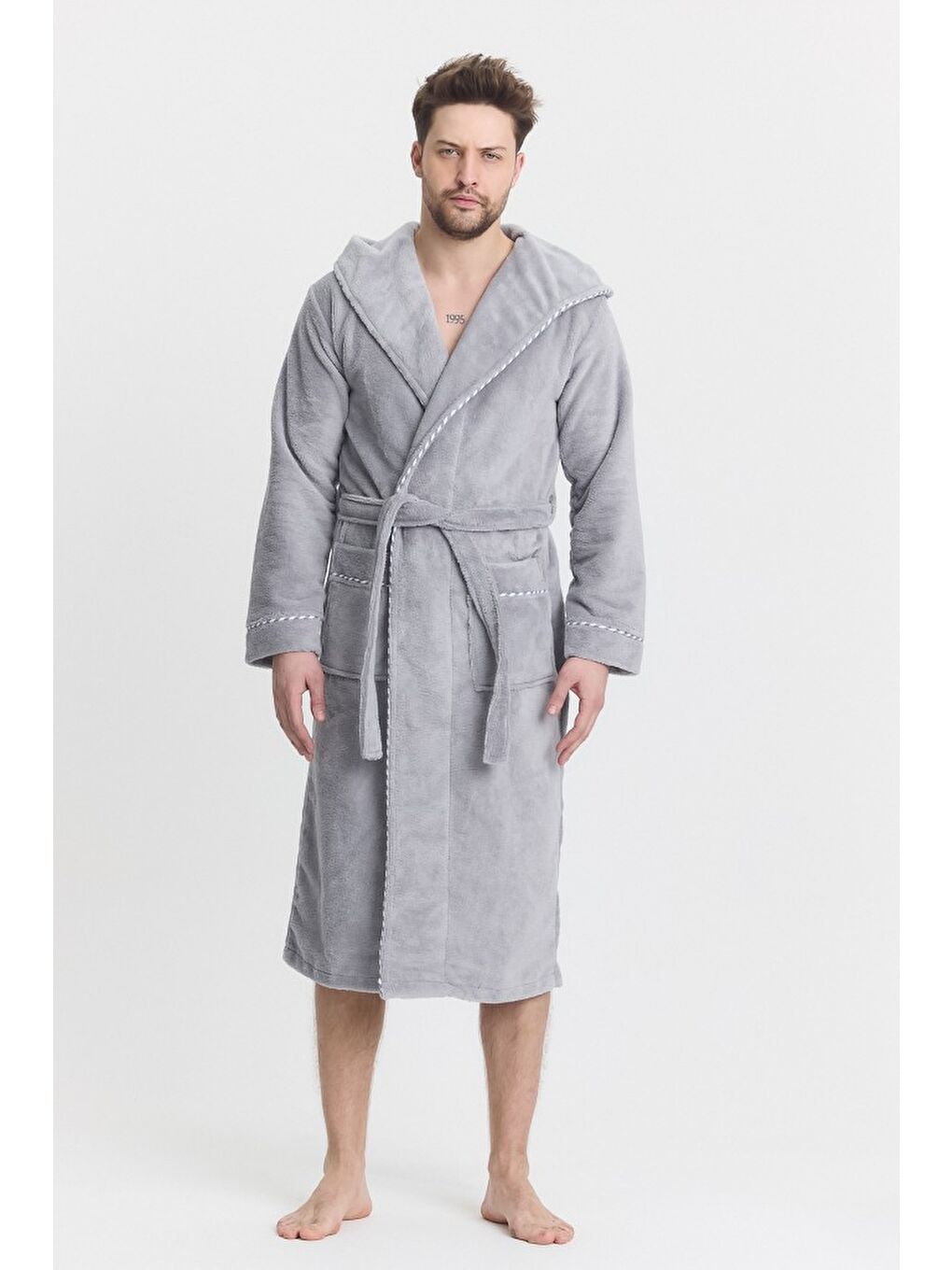 Gri Triga Erkek Bornoz %100 Pamuk Kapüşonlu-2