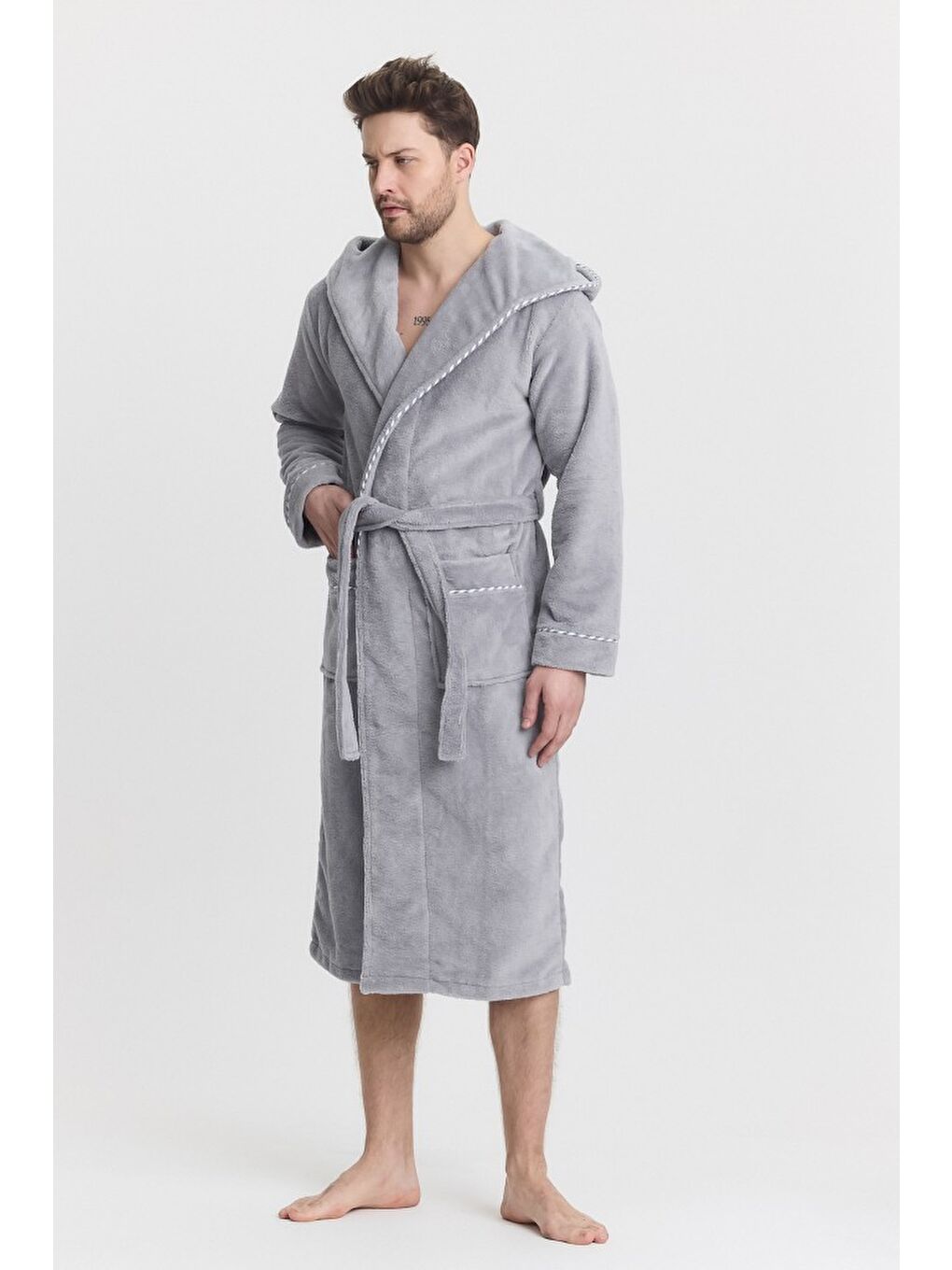 Gri Triga Erkek Bornoz %100 Pamuk Kapüşonlu-3