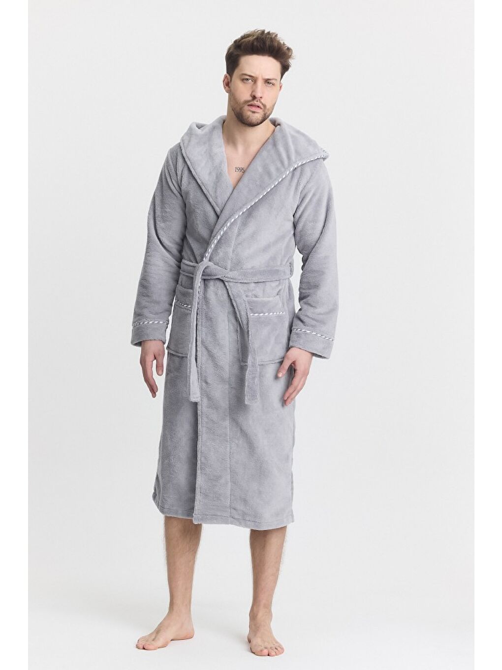 Gri Triga Erkek Bornoz %100 Pamuk Kapüşonlu-4