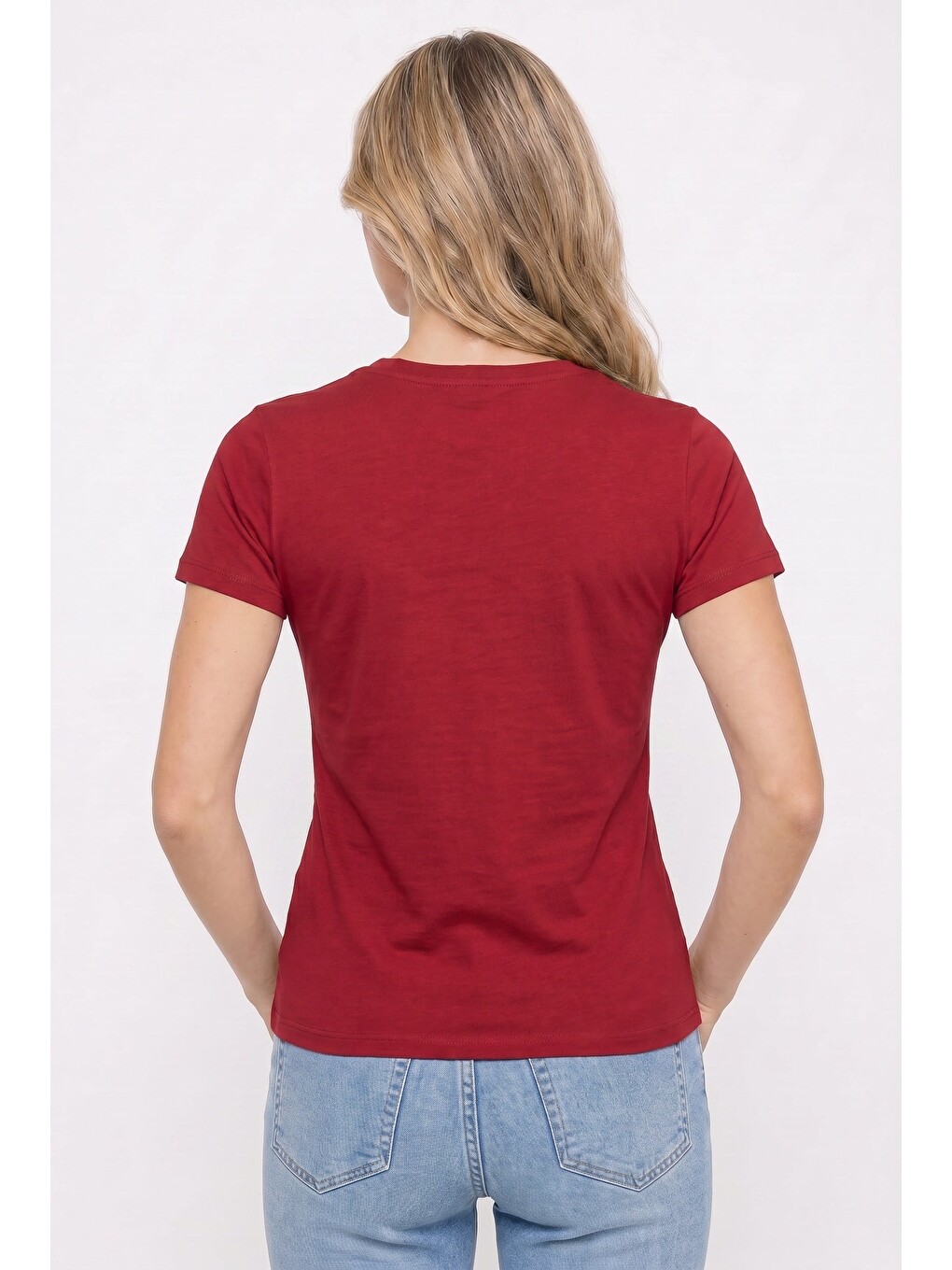 Kadın Relax Fit Rahat Kesim Kısa Kollu Bisiklet Yaka Bordo Tişört-5
