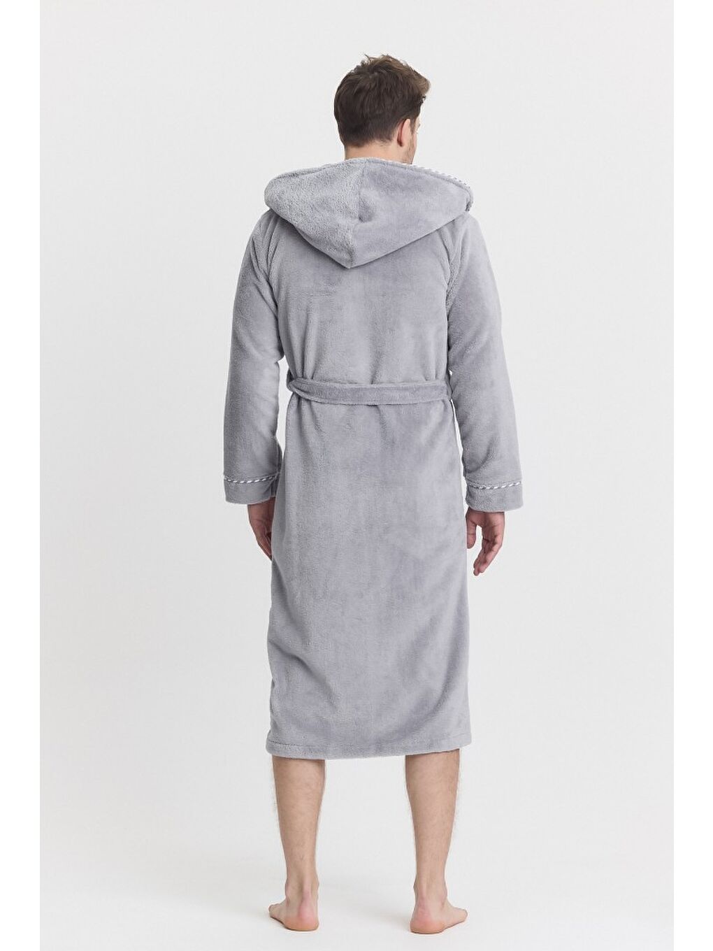 Gri Triga Erkek Bornoz %100 Pamuk Kapüşonlu-5