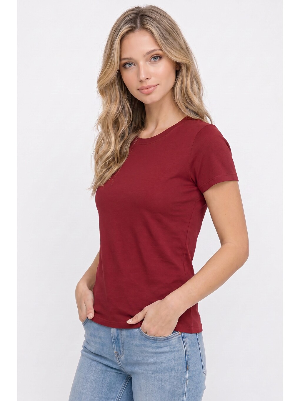 Kadın Relax Fit Rahat Kesim Kısa Kollu Bisiklet Yaka Bordo Tişört-6