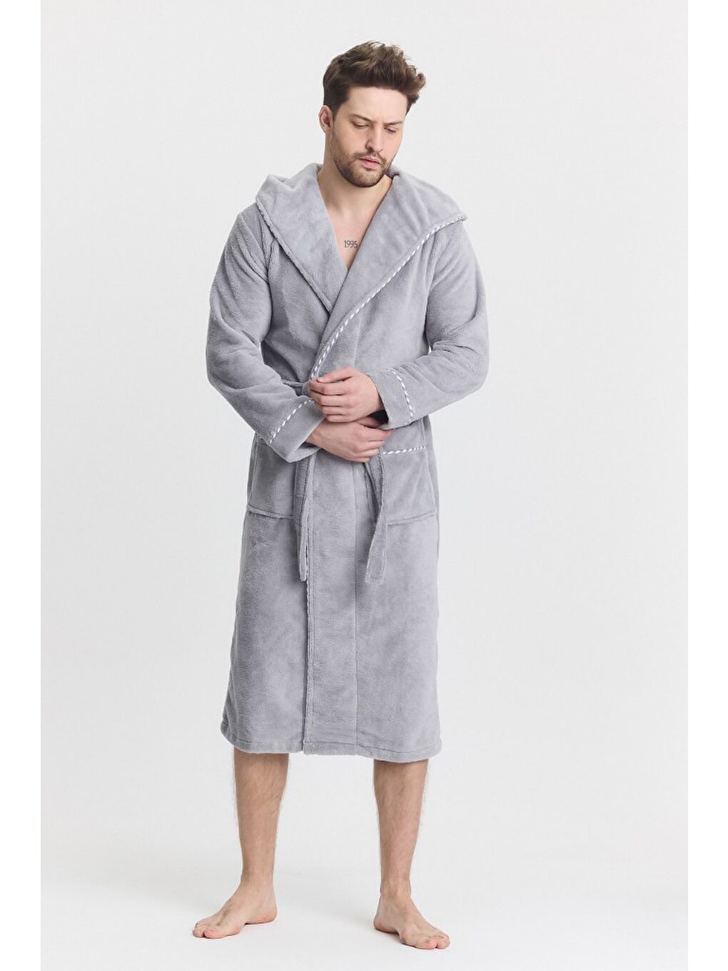 Gri Triga Erkek Bornoz %100 Pamuk Kapüşonlu-7