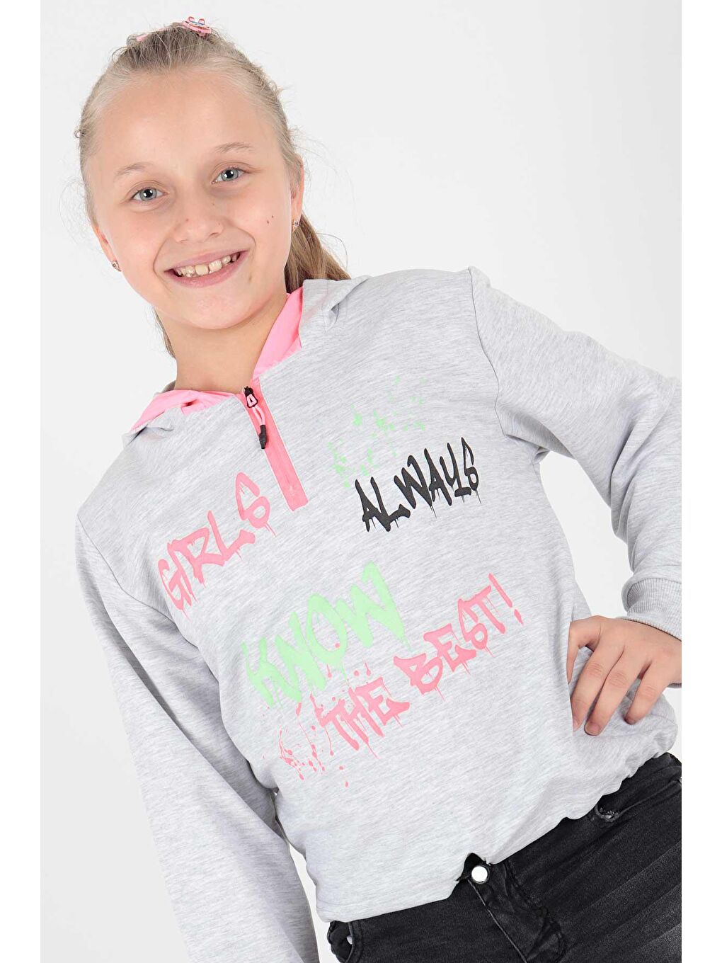 ahengim Gri Kids Kız Always Baskılı Kapüşonlu Sweat Uzun Kollu Kapşonlu Sweatshirt Pamuklu Ak722407