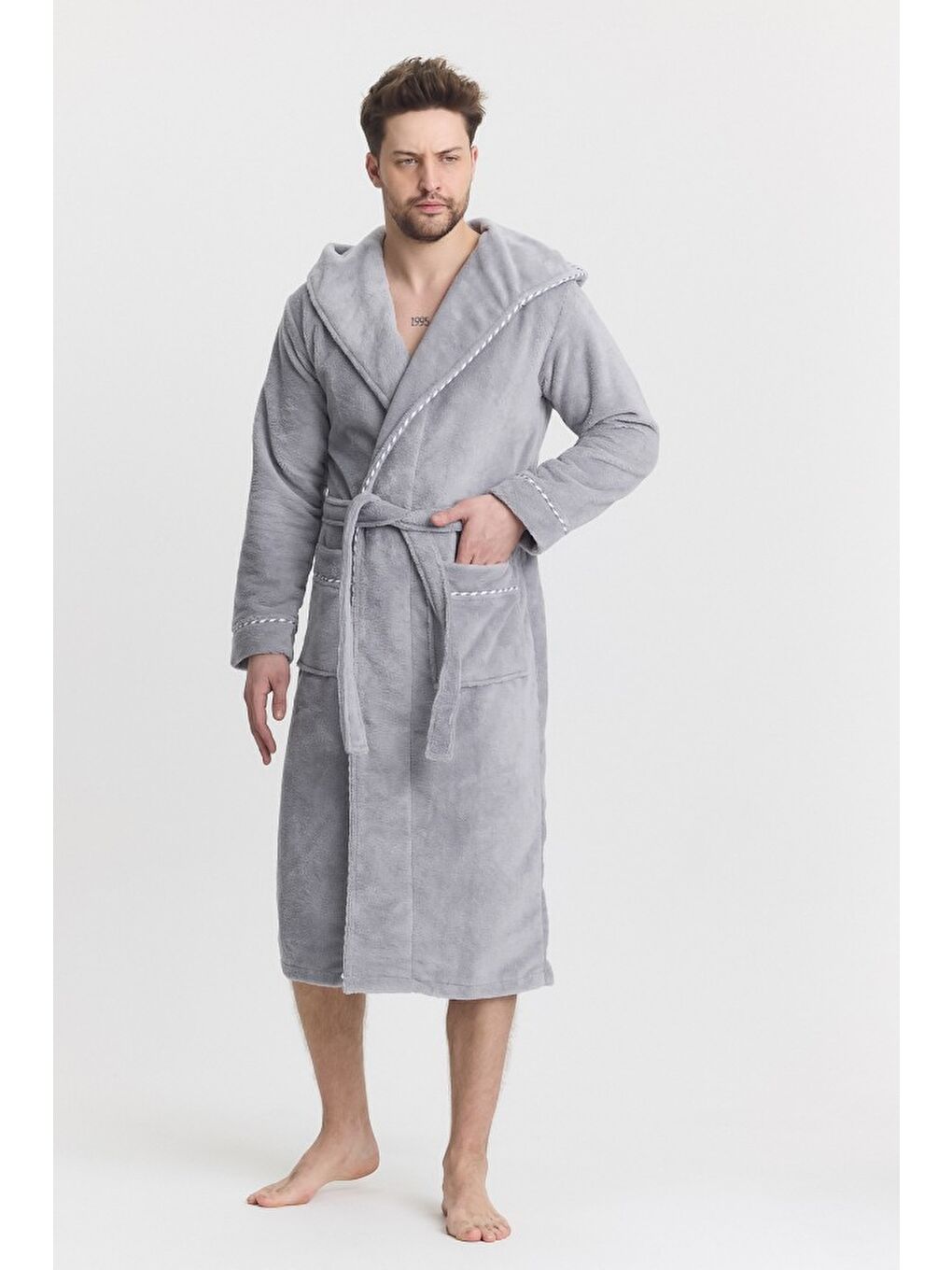 Gri Triga Erkek Bornoz %100 Pamuk Kapüşonlu-8