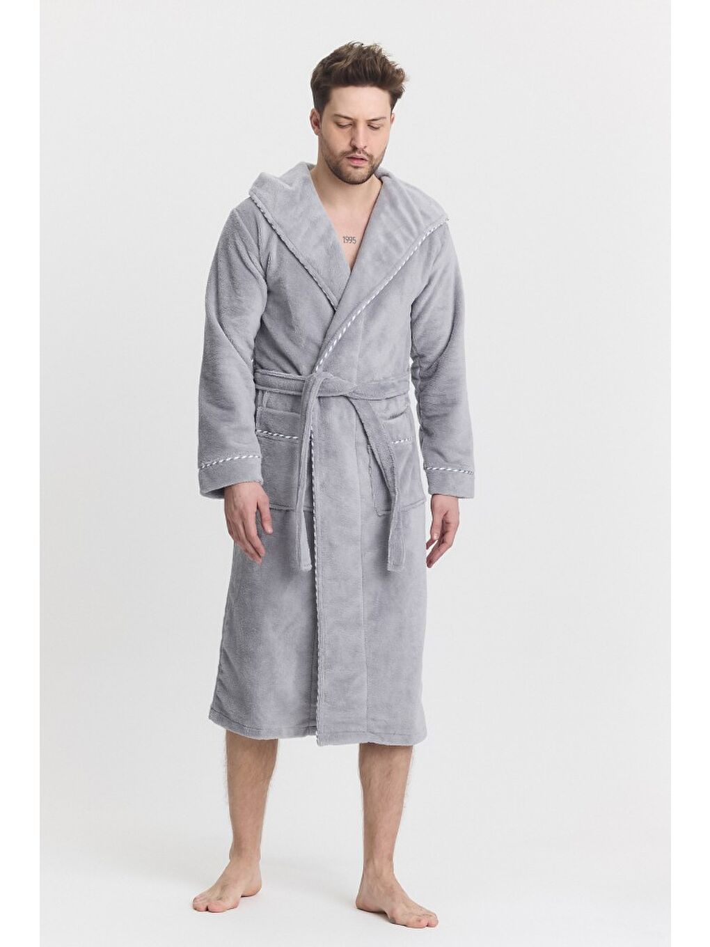 Gri Triga Erkek Bornoz %100 Pamuk Kapüşonlu-9