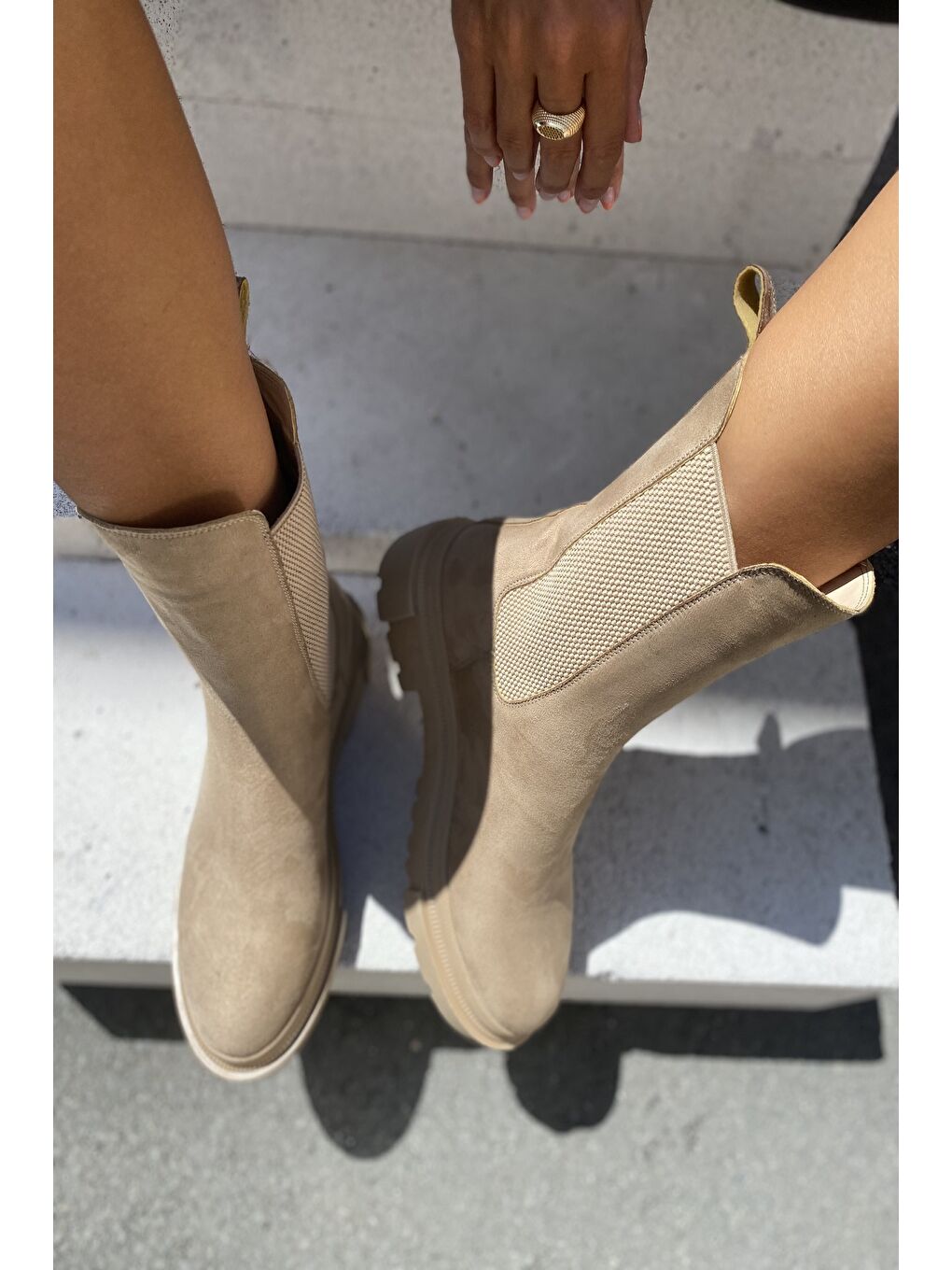 Bej Kadın Lastikli Bot-5