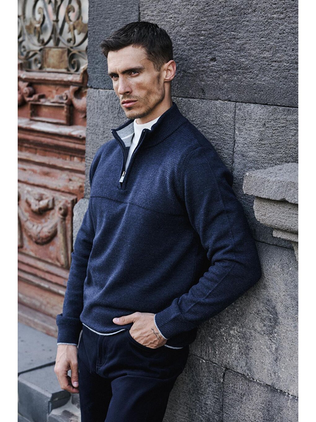 İndigo Slim Fit Fermuarlı Triko Kazak-1