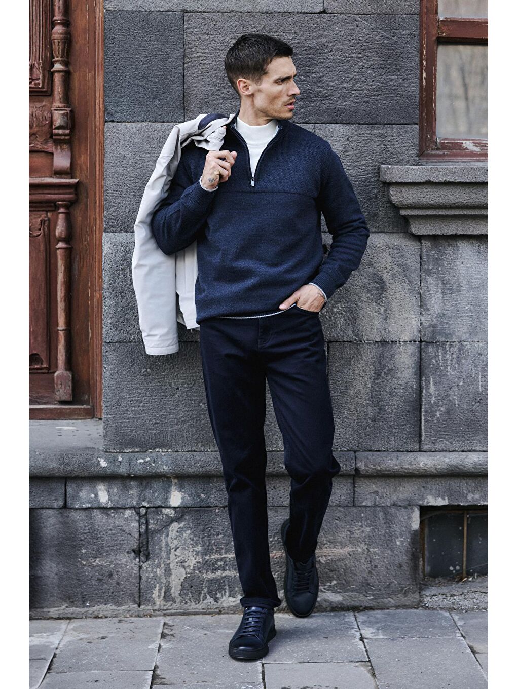 İndigo Slim Fit Fermuarlı Triko Kazak-2