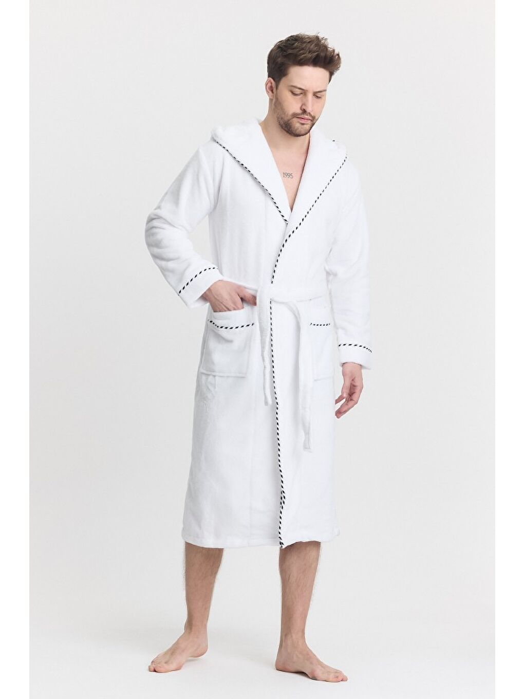 Beyaz Triga Erkek Bornoz %100 Pamuk Kapüşonlu-6