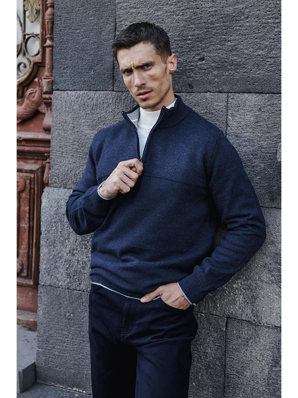 İndigo Slim Fit Fermuarlı Triko Kazak-3