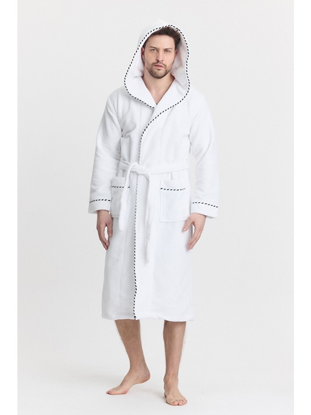 Beyaz Triga Erkek Bornoz %100 Pamuk Kapüşonlu-9