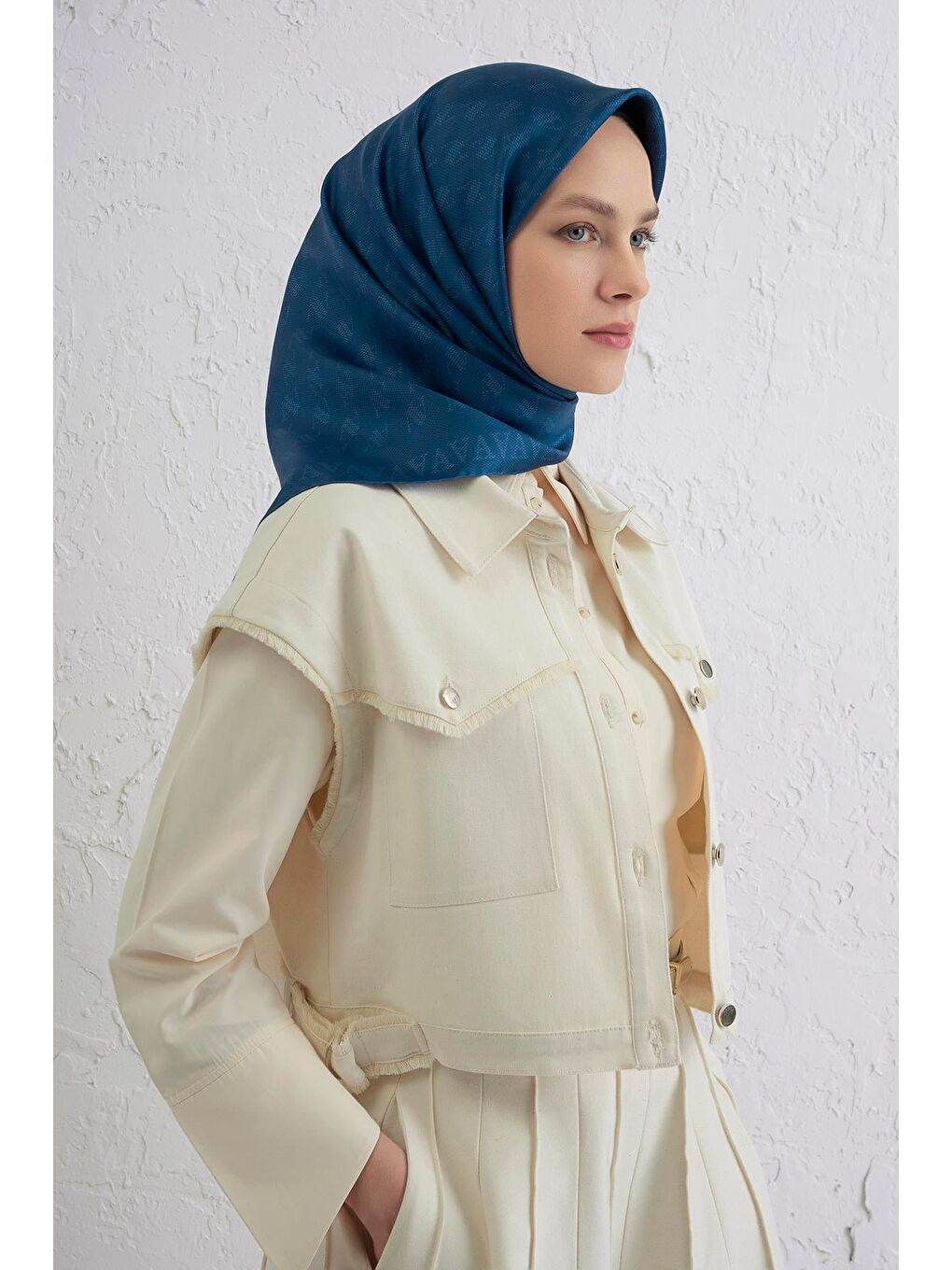 İndigo Monogram Desenli Saf İpek Twill Eşarp 9412D 06-1