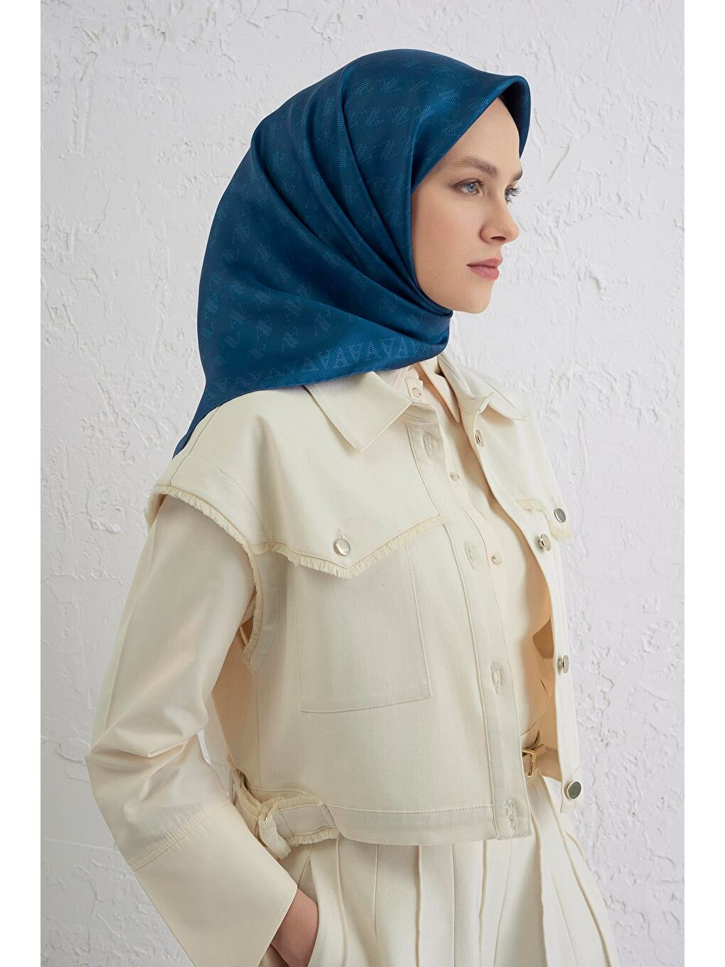 İndigo Monogram Desenli Saf İpek Twill Eşarp 9412D 06-2