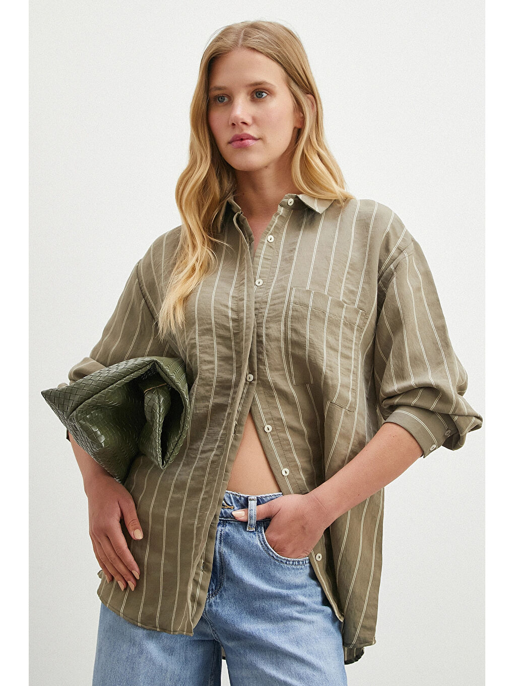 Çizgili Cepli Modal Gömlek Haki