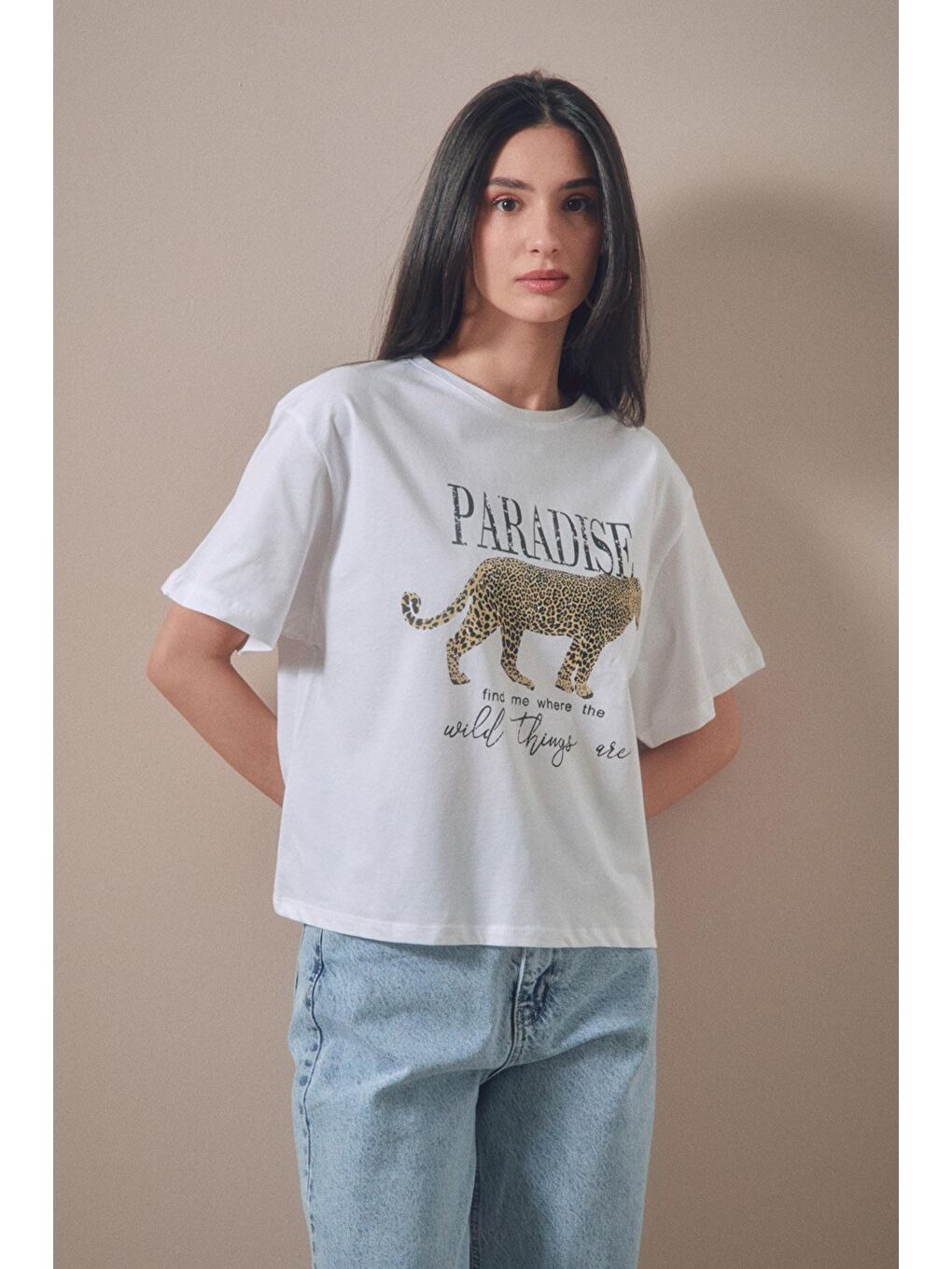 Beyaz Paradise Baskılı Oversize Tişört