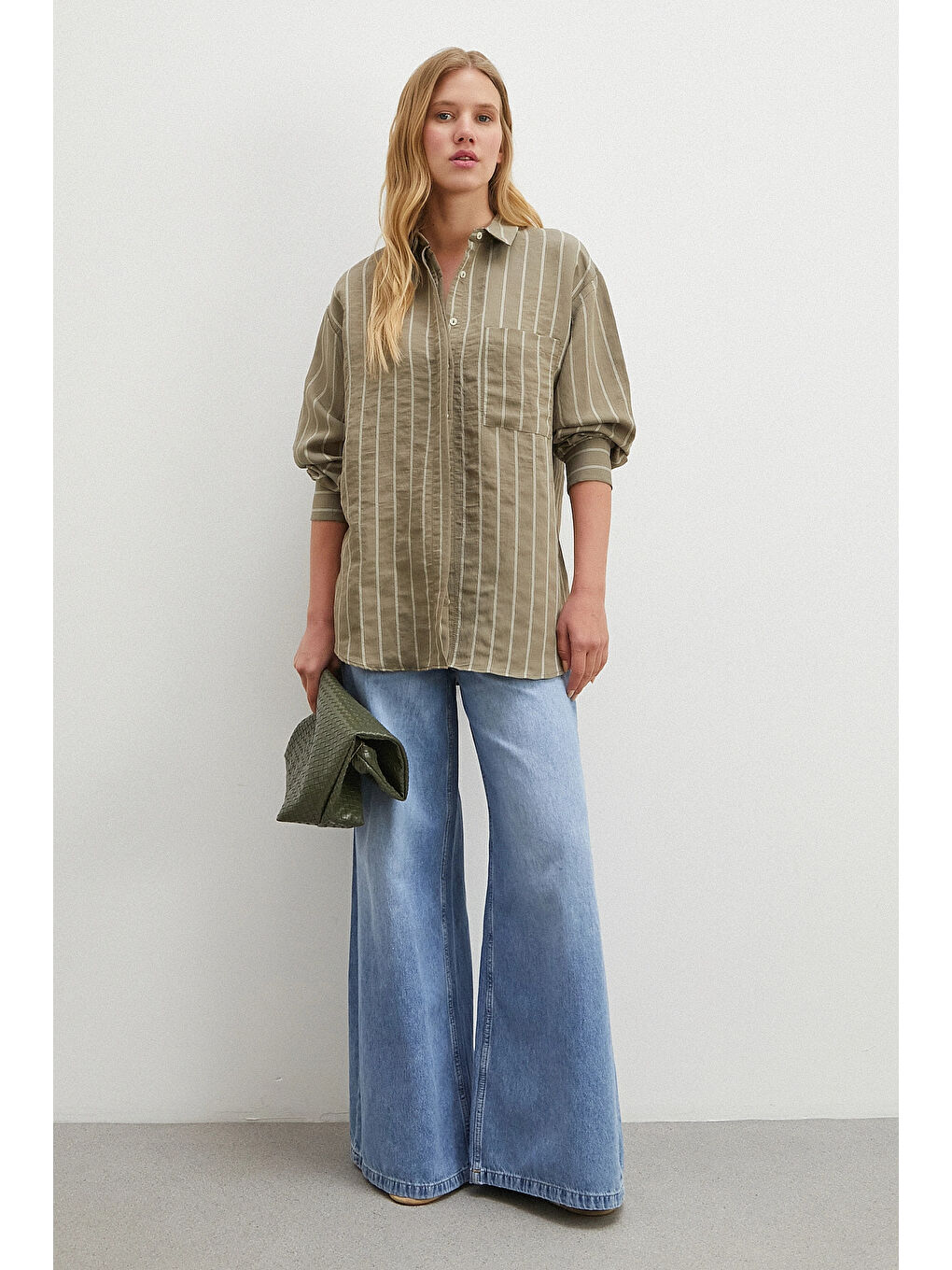 Çizgili Cepli Modal Gömlek Haki-1