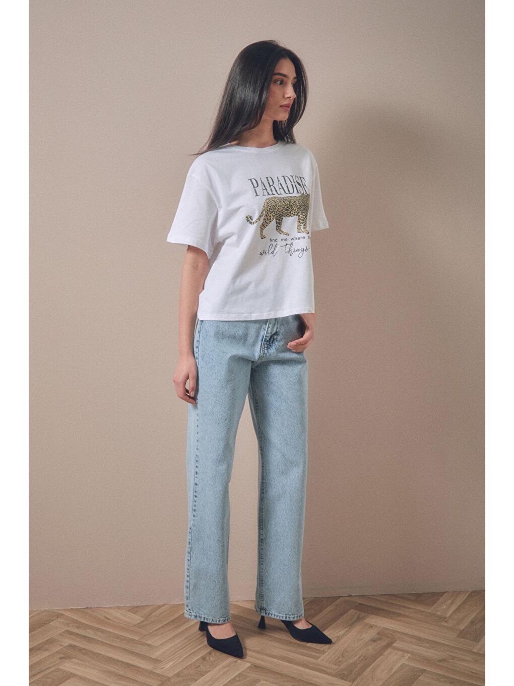 Beyaz Paradise Baskılı Oversize Tişört-1