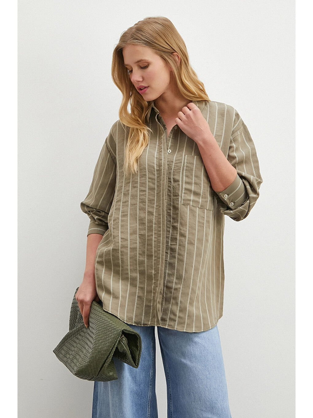 Çizgili Cepli Modal Gömlek Haki-2