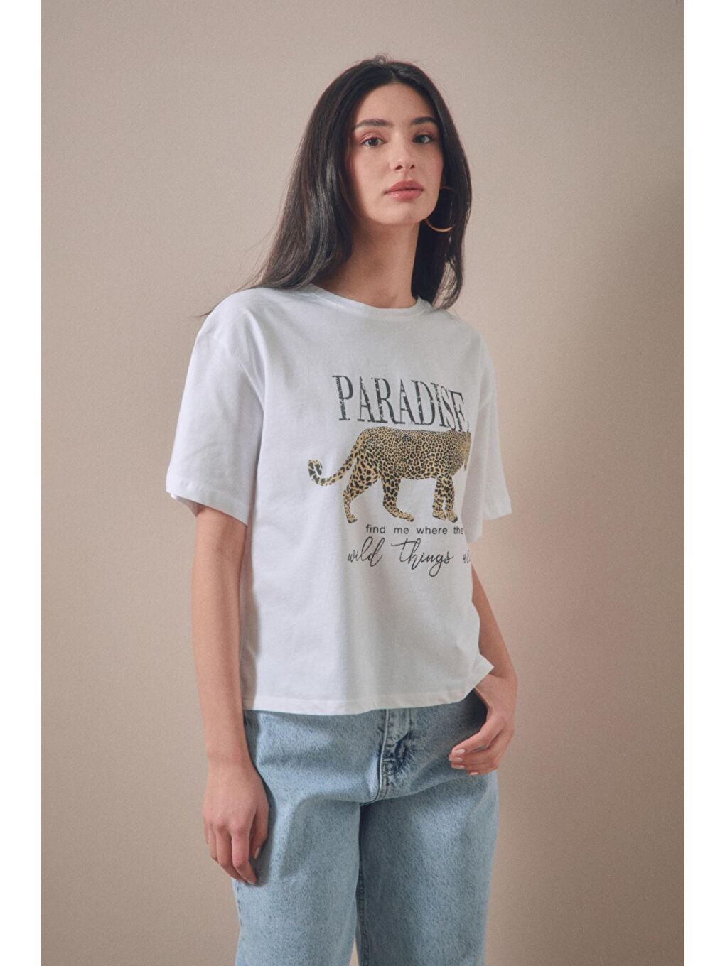 Beyaz Paradise Baskılı Oversize Tişört-2