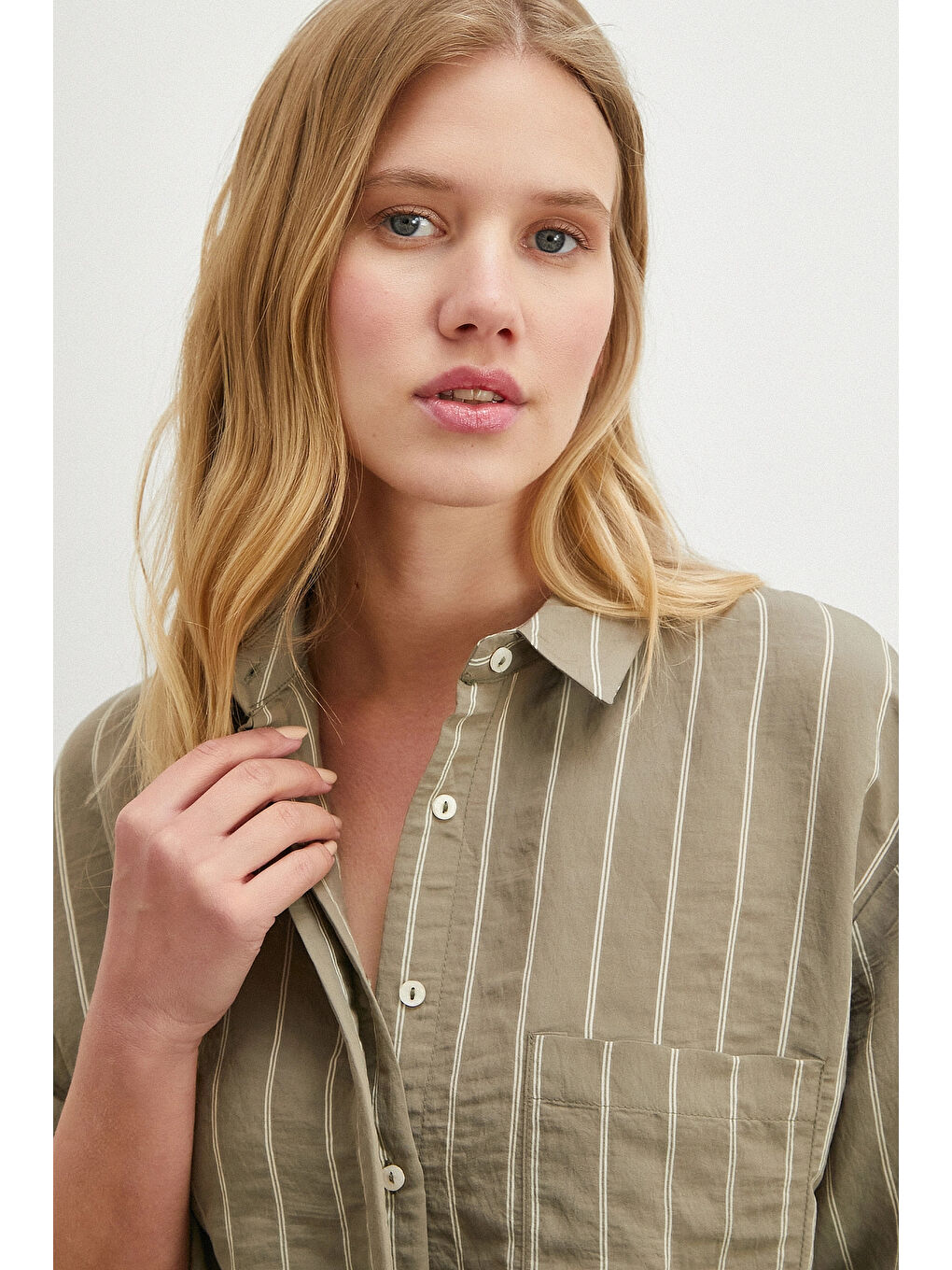 Çizgili Cepli Modal Gömlek Haki-3