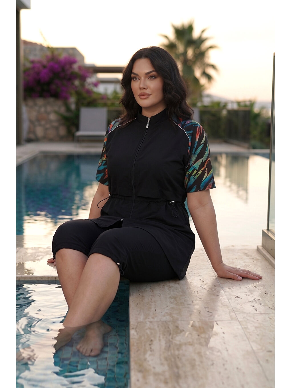 Büyük Beden Spor Elastan Kısa Kollu Yarı Kapalı Mayo 3418 Siyah-1