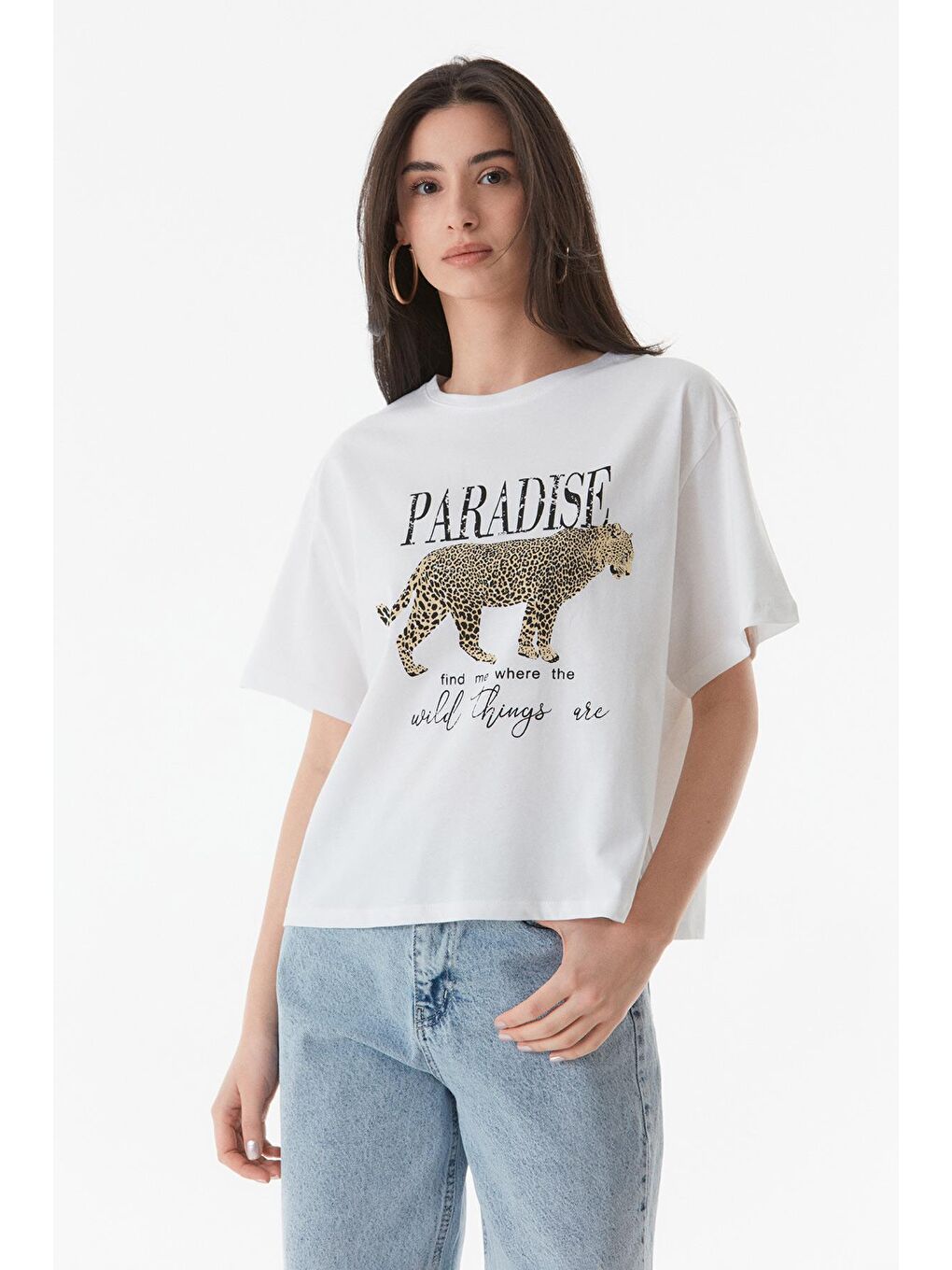 Beyaz Paradise Baskılı Oversize Tişört-3
