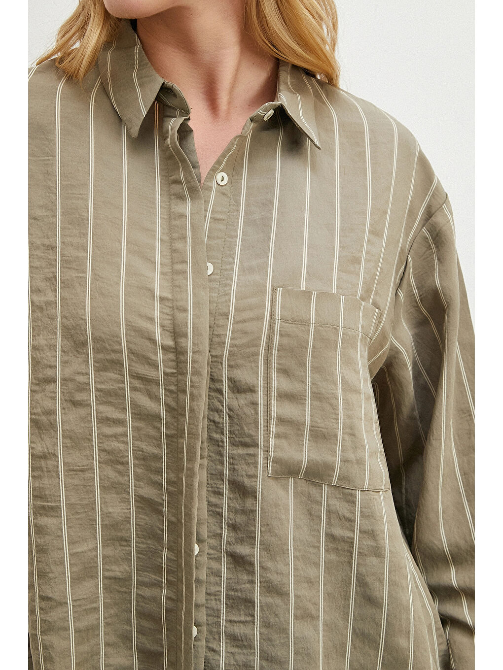 Çizgili Cepli Modal Gömlek Haki-4