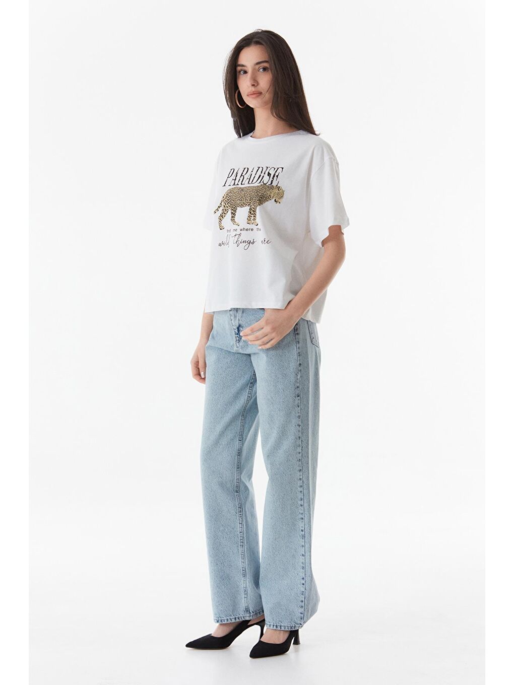 Beyaz Paradise Baskılı Oversize Tişört-4